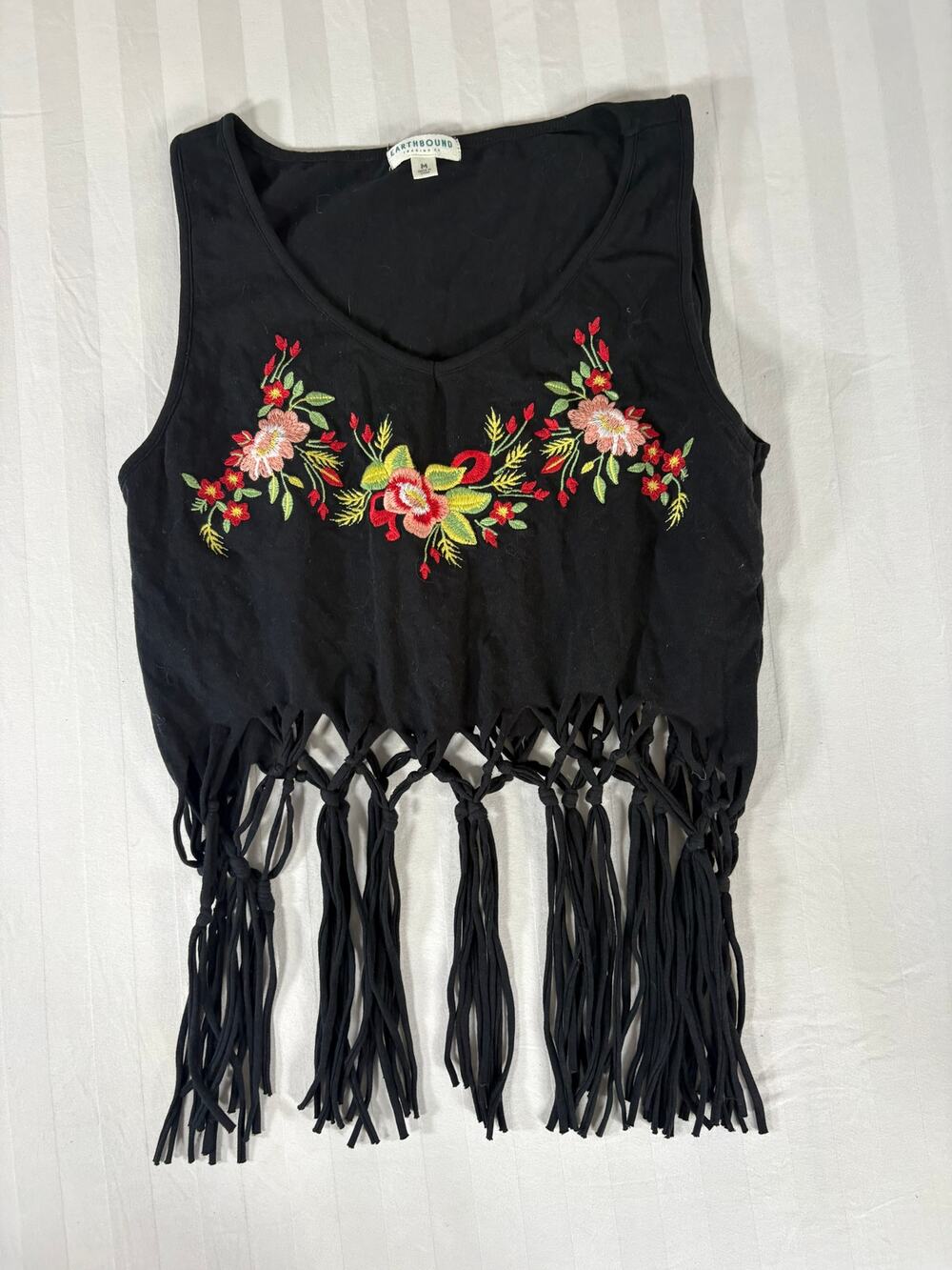 Earthbound Trading Co Embroidered Fringe Tank Top Boho Floral Medium